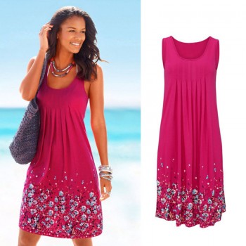Sleeveless Floral Print Loose Summer Dress Fashion Black Gray Purple Red Yellow